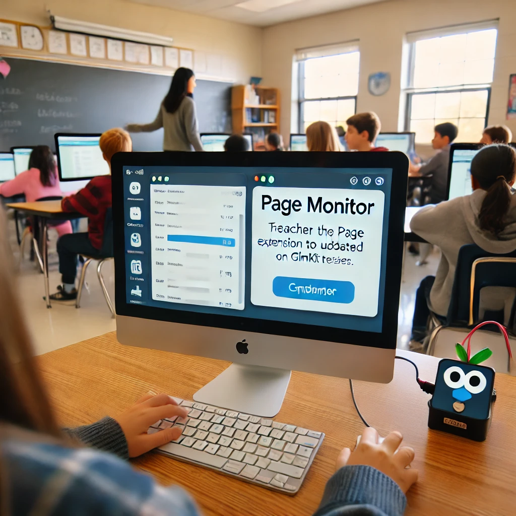 A teacher using the Page Monitor and Check My Links extensions to stay updated and troubleshoot links during a Gimkit session, ensuring a smooth experience for students