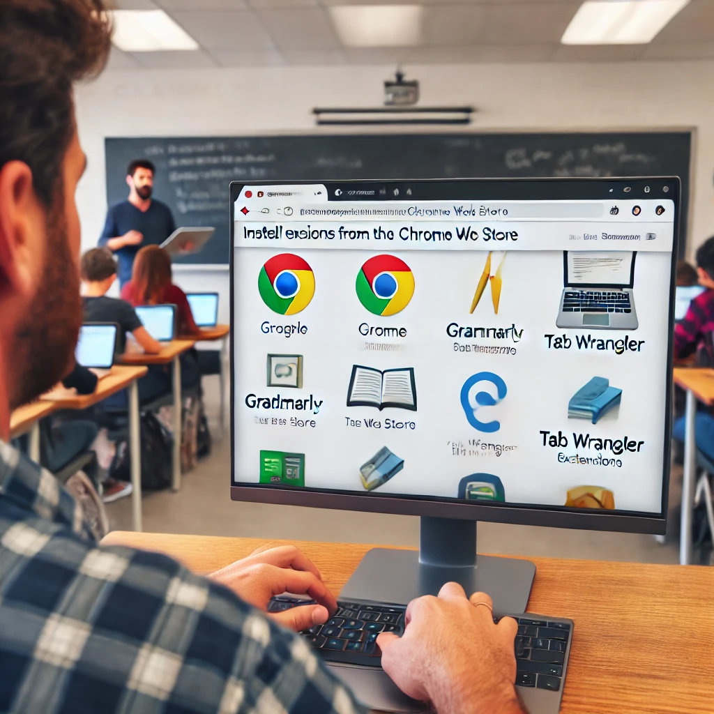 A teacher using Google Chrome to install Grammarly and Tab Wrangler extensions from the Chrome Web Store for a smooth Gimkit experience, with students engaged in the classroom