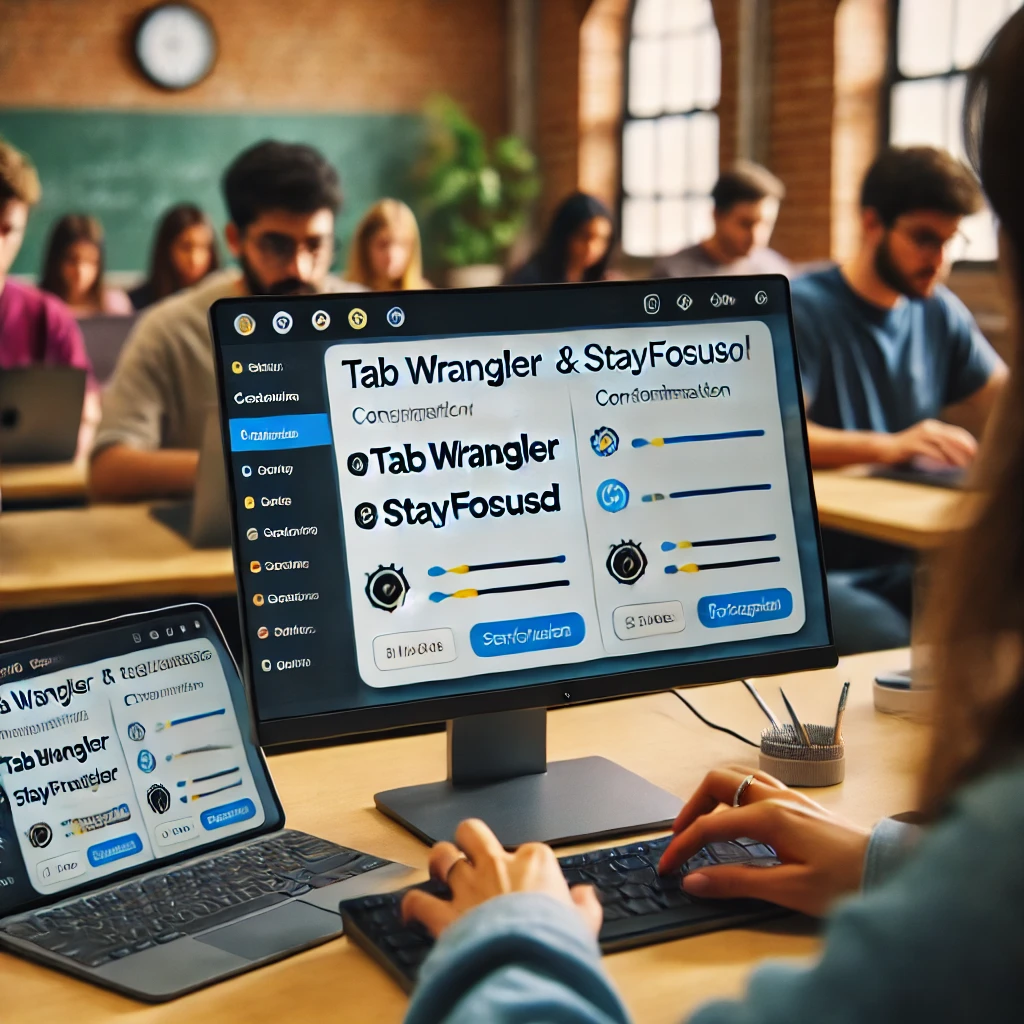 A teacher configuring Tab Wrangler and StayFocusd extensions on their computer to improve performance during a Gimkit session, with students focused on their laptops