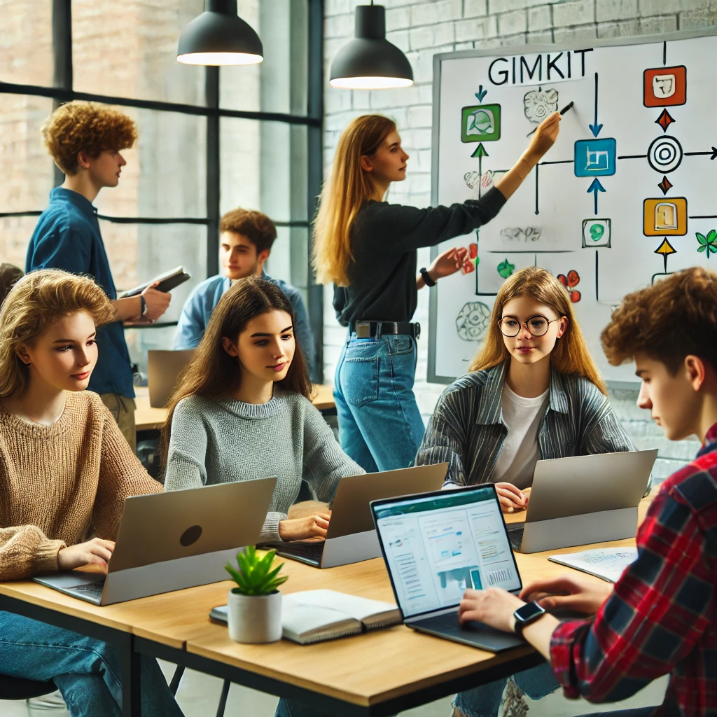 A group of students using Miro in a classroom to collaborate on brainstorming boards before a Gimkit session, enhancing teamwork and creativity