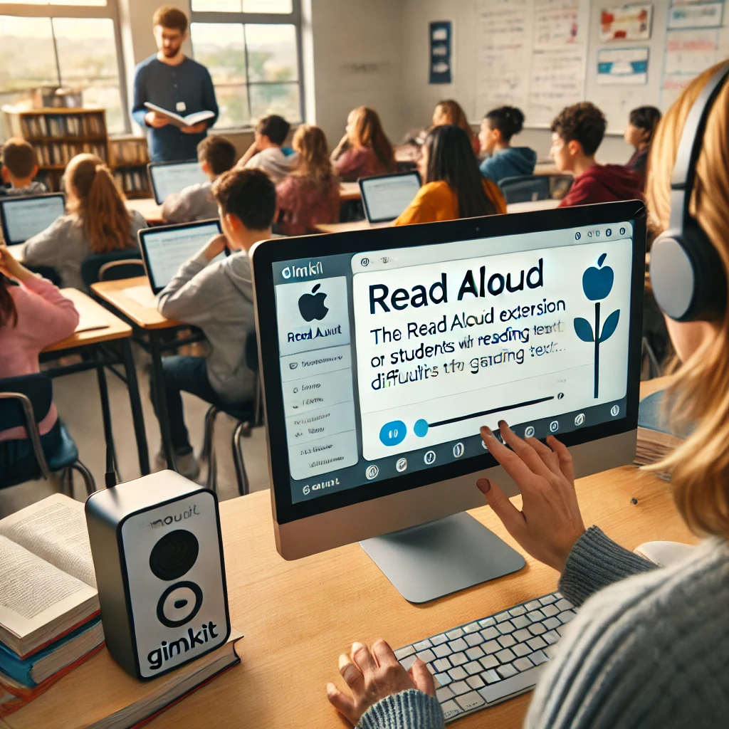 A teacher using the Read Aloud extension to narrate on-screen text for students with reading difficulties during a Gimkit session