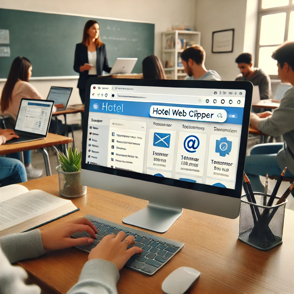 A teacher using the Hotel Web Clipper extension on their computer to save and organize lesson content, helping students efficiently during a classroom session