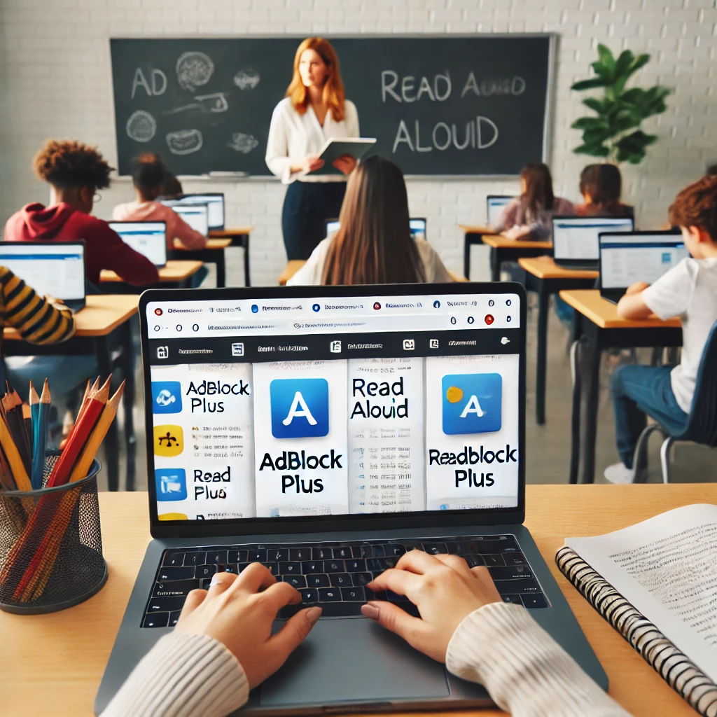 A teacher using Adblock Plus and Read Aloud extensions to enhance student focus and accessibility during a Gimkit session in a modern classroom