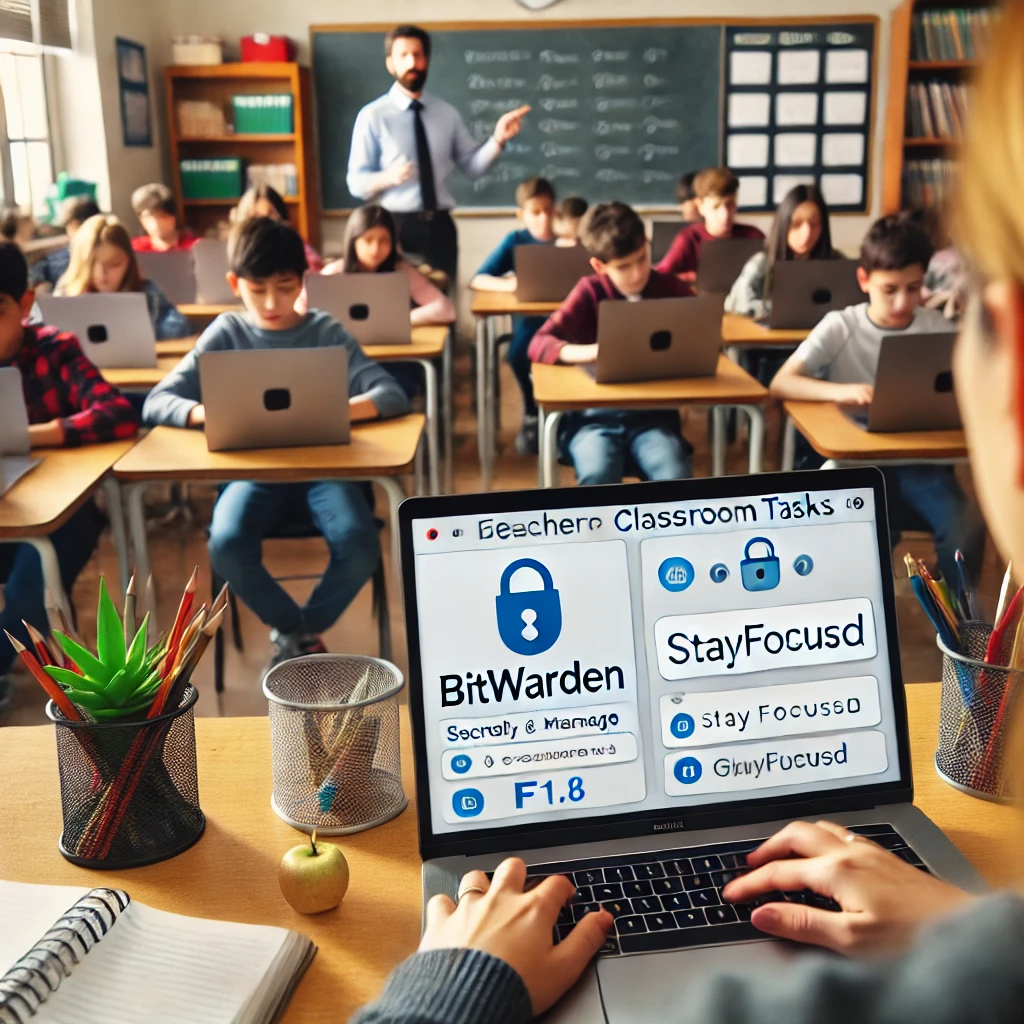 A teacher managing classroom tasks using Bitwarden to securely store passwords and StayFocusd to keep students focused during a Gimkit session