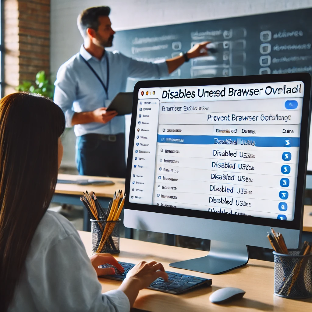 A teacher managing browser extensions and disabling unused ones to optimize browser performance for a smooth Gimkit session