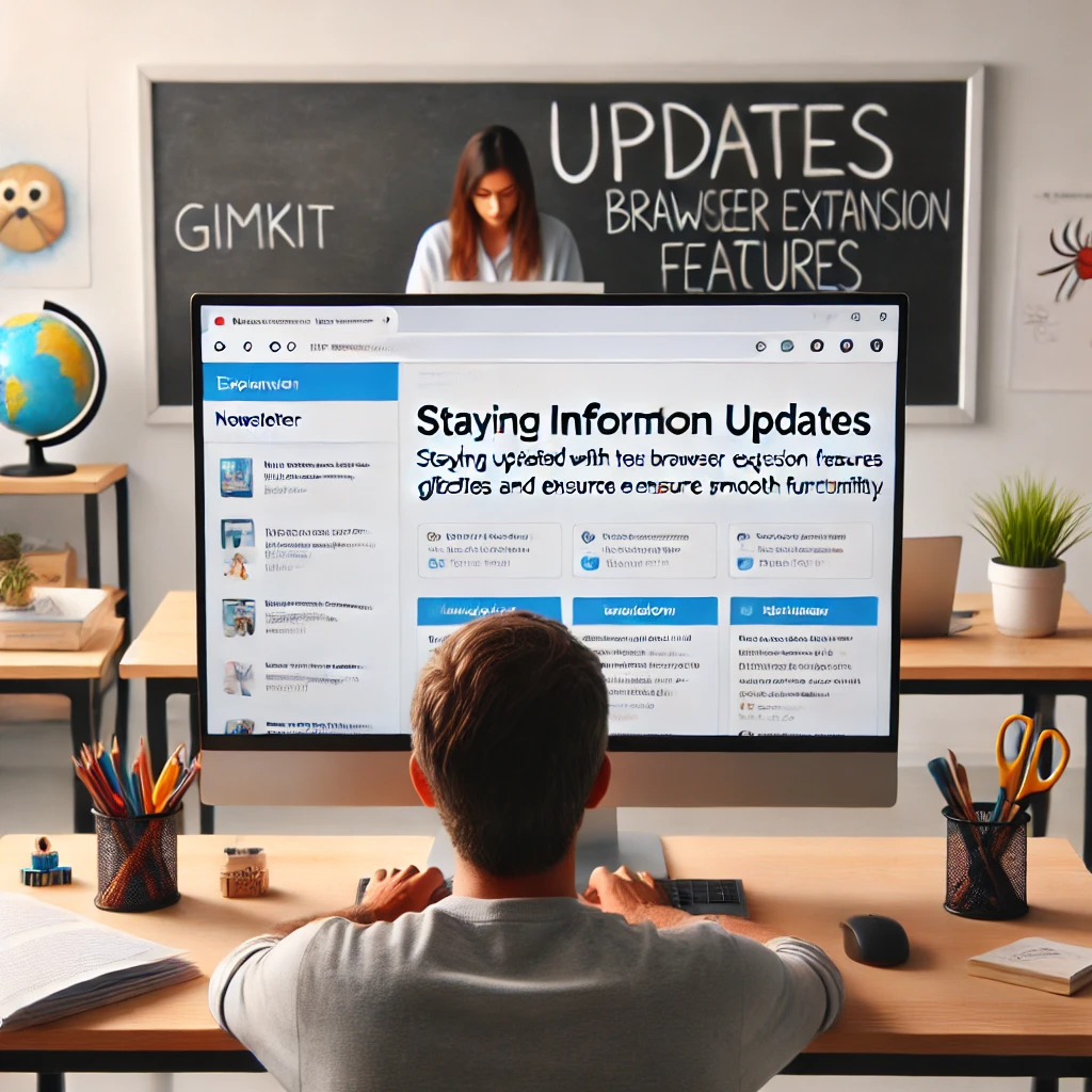 A teacher staying updated with the latest browser extension features, reviewing extension updates to prevent glitches during a Gimkit session