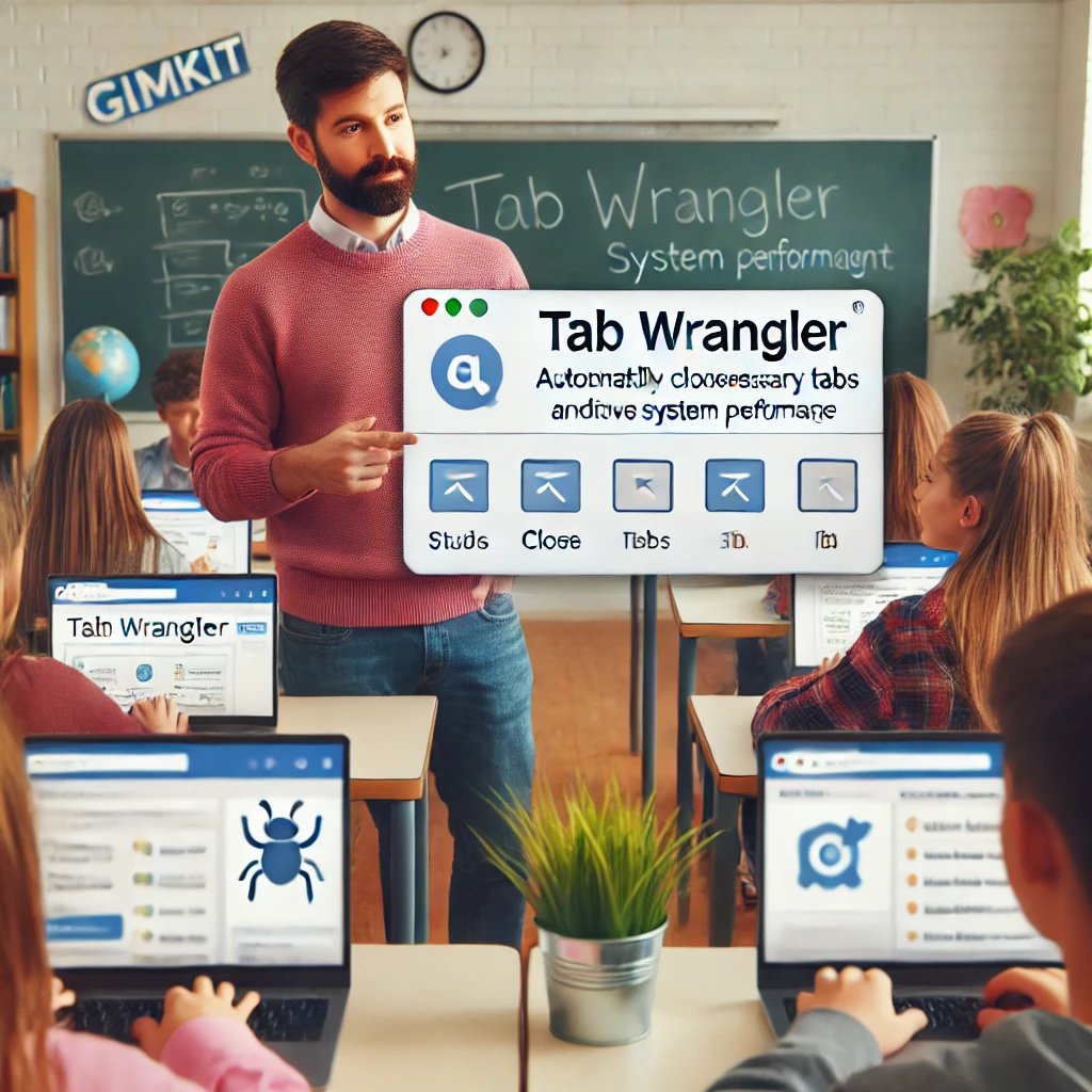 A teacher using the Trello Web Clipper browser extension to organize lessons and notes for a smooth Gimkit experience, while students focus on their laptops