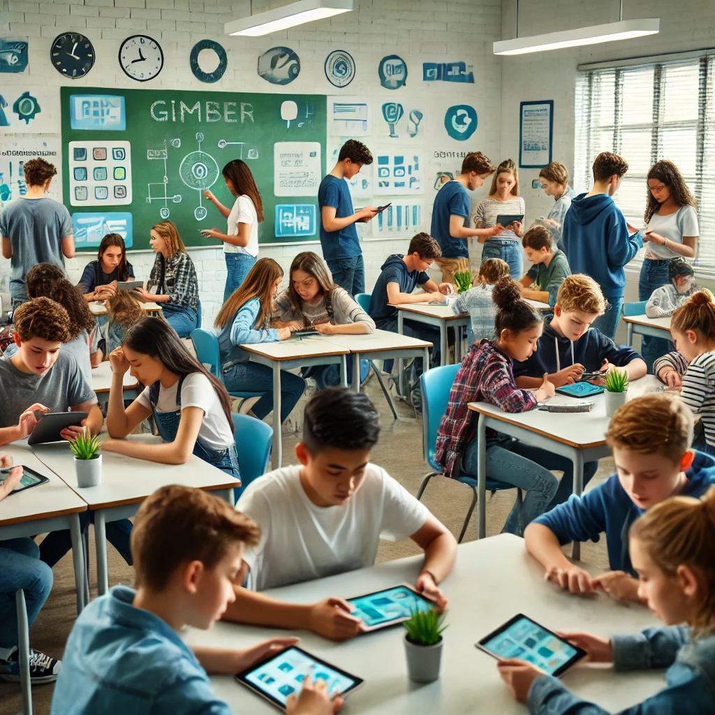 A classroom with students actively participating in a Gimkit game, collaborating and solving problems together, showcasing the benefits of active learning and participation