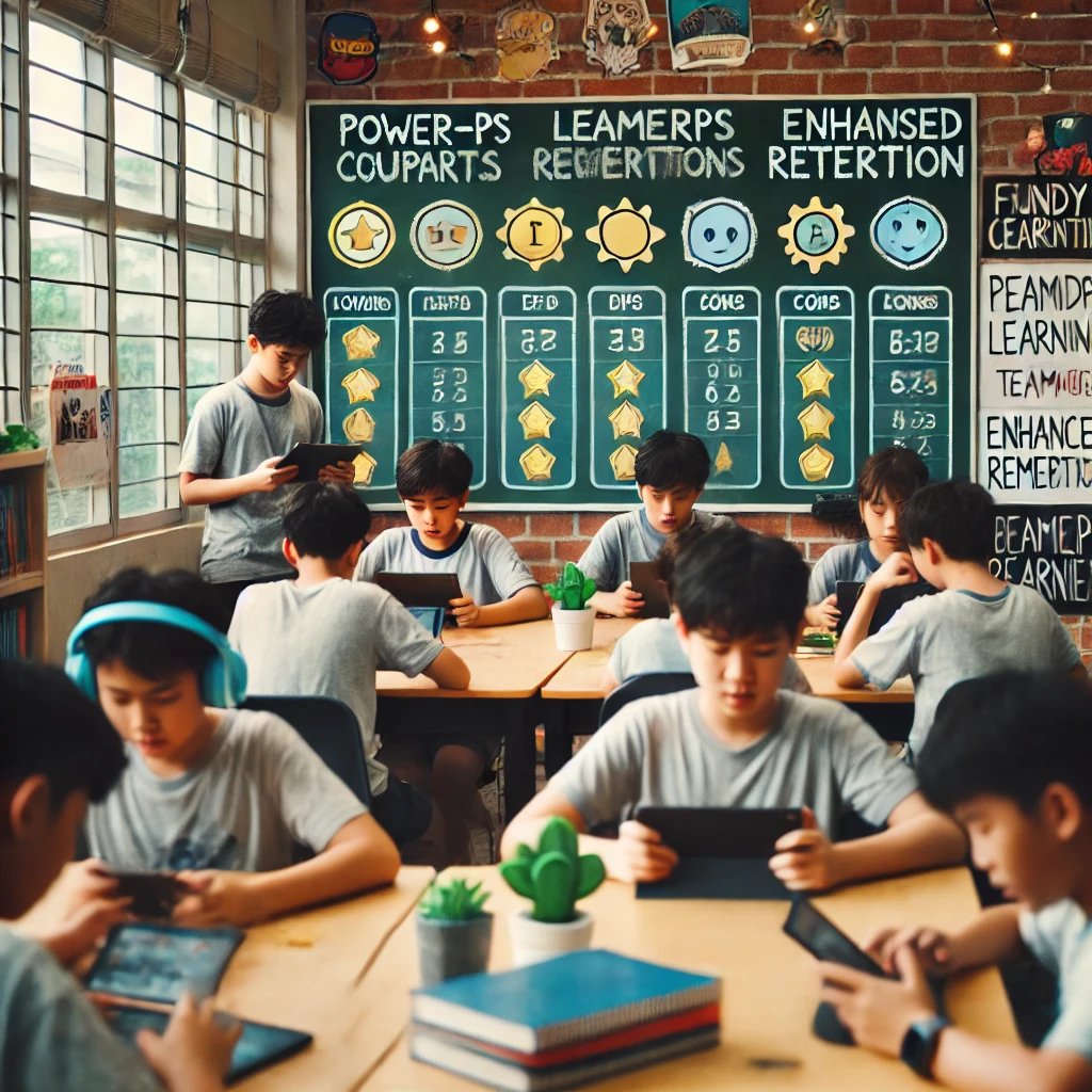 A classroom where students are actively participating in gamified learning, earning rewards like power-ups and coins, with leaderboards visible in the background