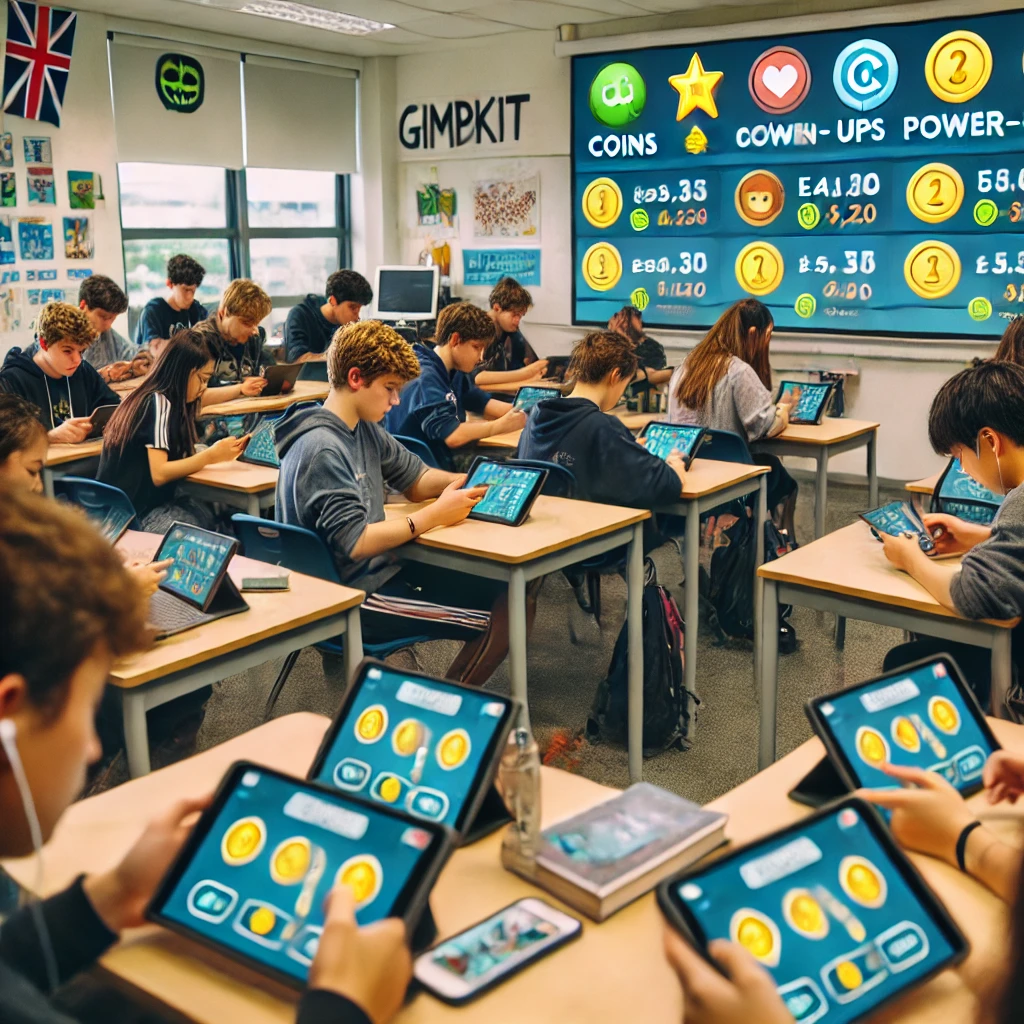 A classroom where students are actively participating in a Gimkit game, collecting coins, earning power-ups, and interacting with the leaderboard to enhance their learning experience