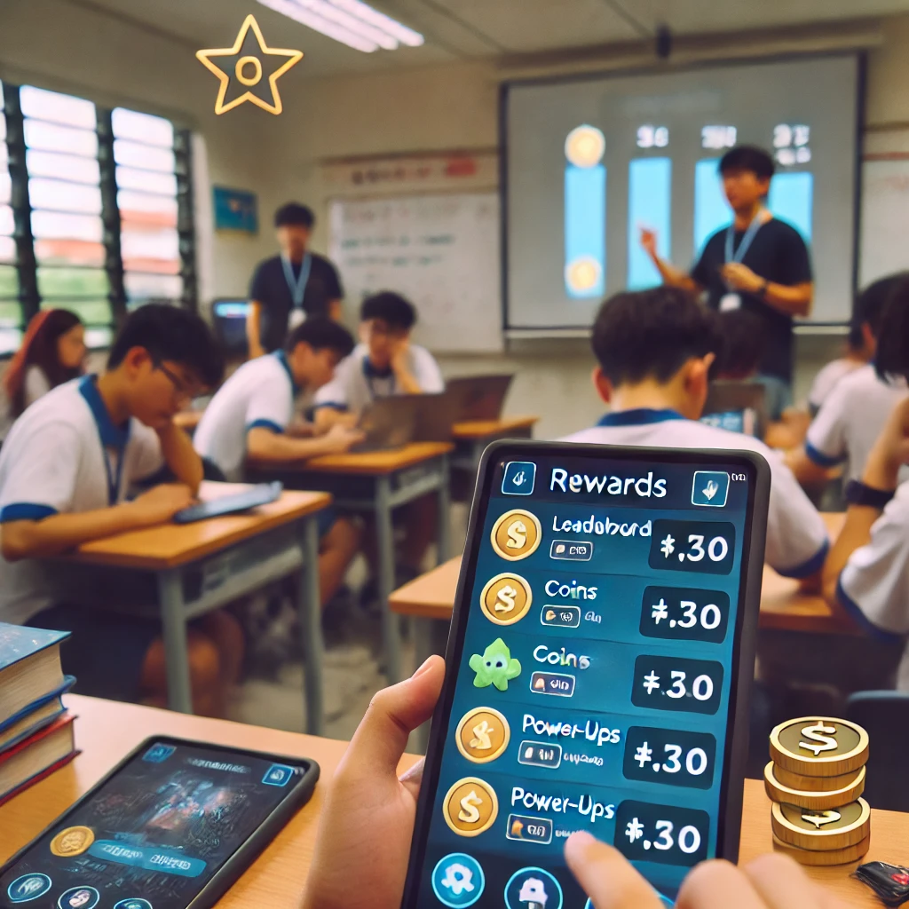 A classroom where students engage with a reward-based system in Gimkit, earning coins, power-ups, and leaderboard rankings for their participation