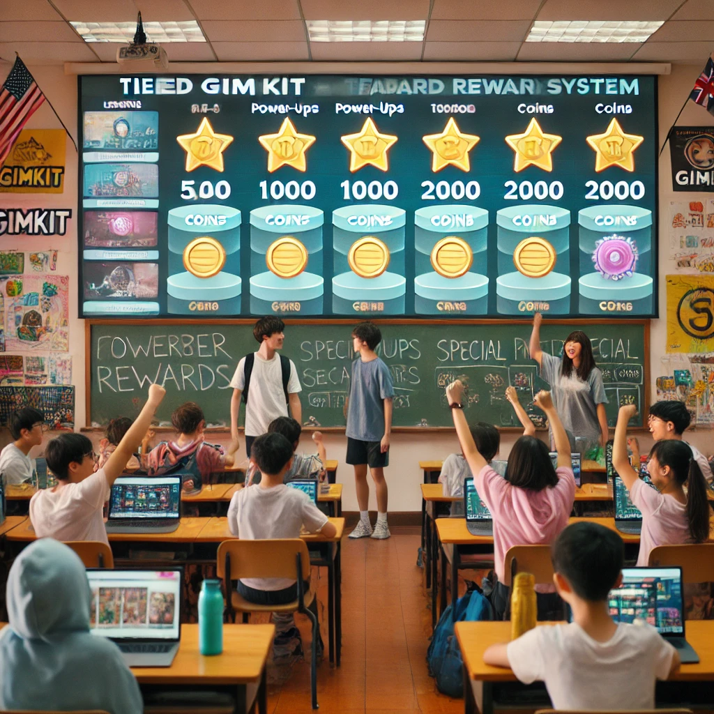 A classroom where students actively participate in a Gimkit game, earning rewards like coins and power-ups, with a visible leaderboard showing tiered reward milestones