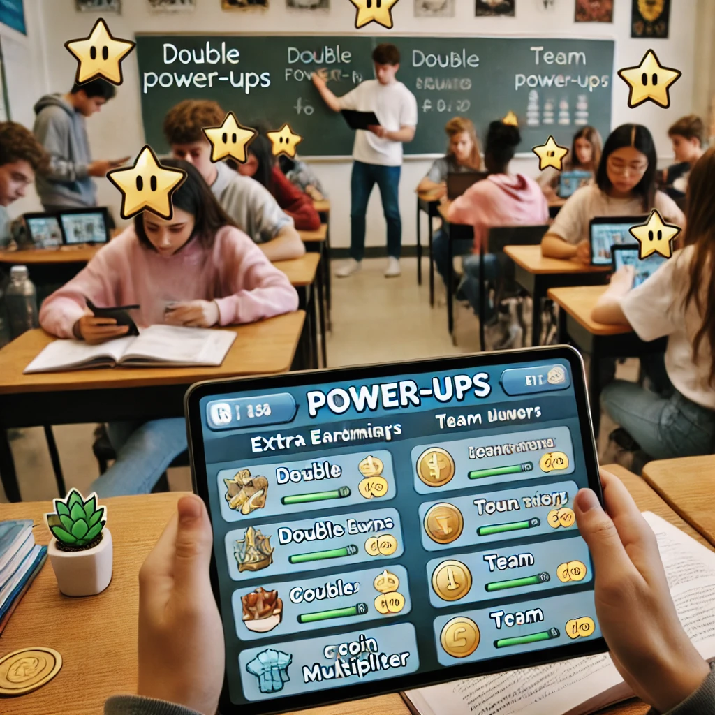 A classroom where students are actively earning power-ups like double earnings and coin multipliers in Gimkit, enhancing their engagement and learning experience