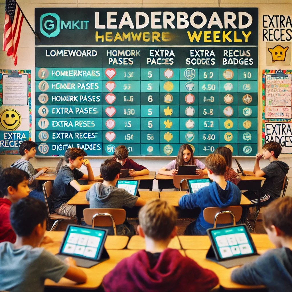 A classroom with students actively participating in a weekly Gimkit leaderboard competition, earning prizes like homework passes, extra recess, and digital badges