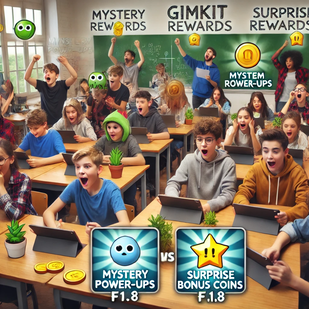 A classroom with students reacting excitedly to random rewards like mystery power-ups and surprise bonus coins during a Gimkit game, enhancing their motivation and engagement