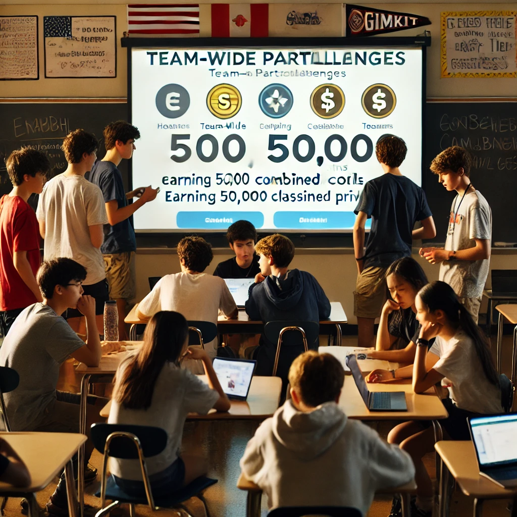 A classroom where students are collaborating in team-based challenges in Gimkit, working together to earn 50,000 combined coins for a special classroom privilege