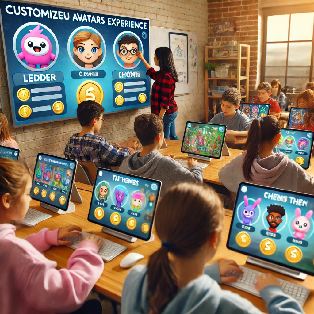 A classroom where students are customizing their Gimkit game experience, unlocking unique avatars and themes using their coins, making learning more personalized