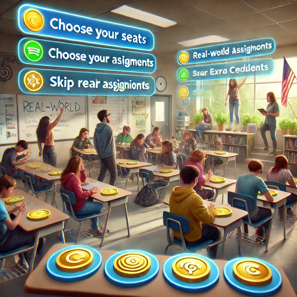 A classroom where students are using their Gimkit coins to choose their seats, skip assignments, and earn extra credit, making learning more engaging with real-world privileges