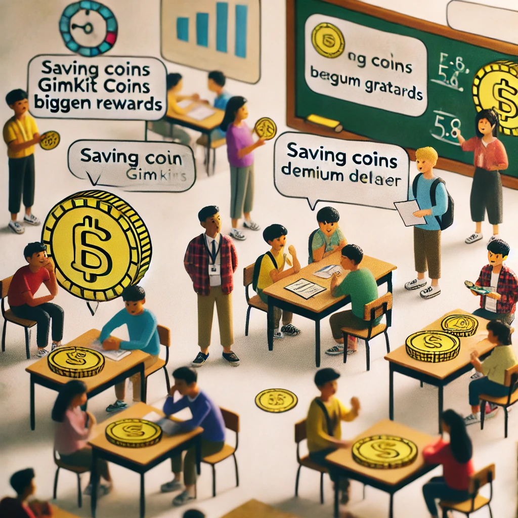 A classroom where students are strategizing about saving their Gimkit coins for premium rewards, with thought bubbles and coins visible as they discuss their plans