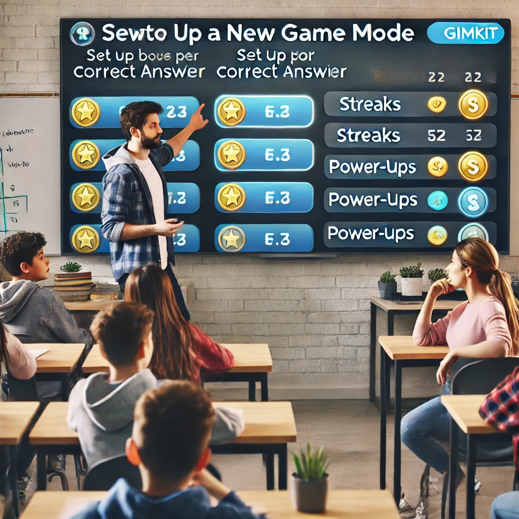 A classroom where a teacher is setting up a new game mode in Gimkit, adjusting the rewards for correct answers, streaks, and power-ups, while students engage in the process