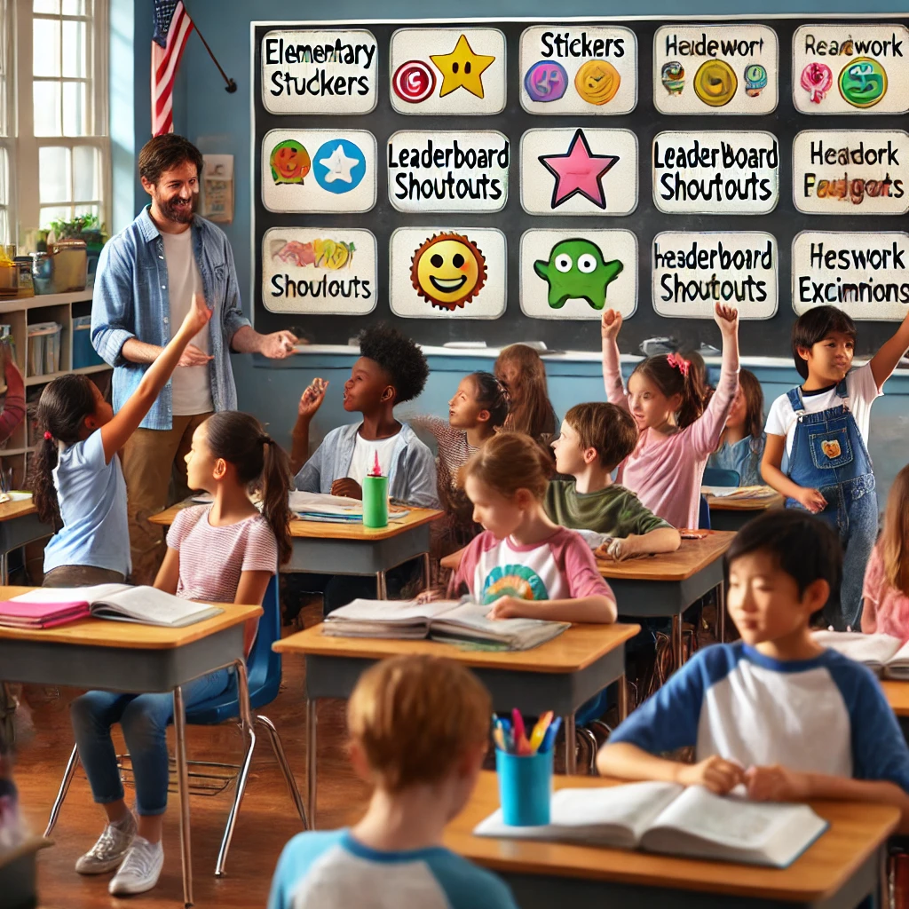 A classroom where students of different age groups are receiving personalized rewards like stickers, leaderboard shoutouts, and homework passes, making the learning experience engaging for everyone