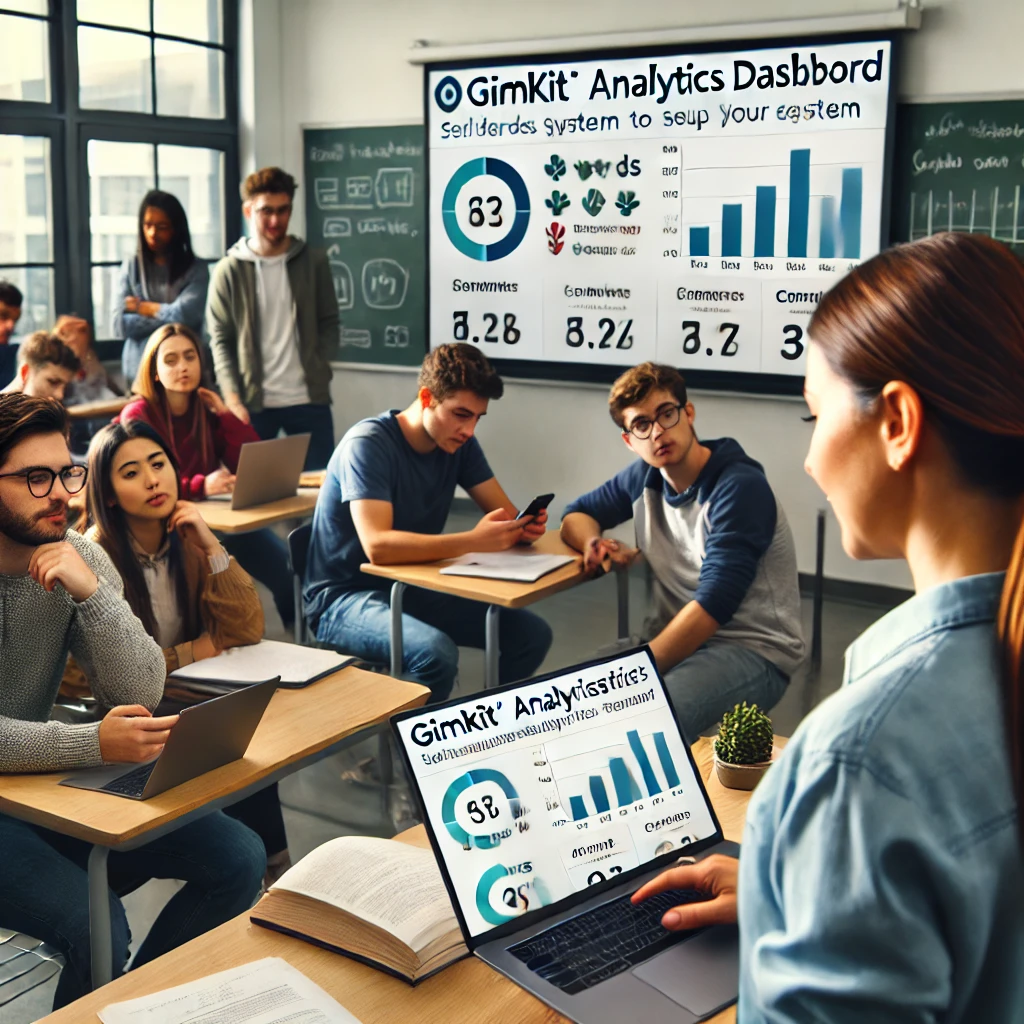 A teacher using Gimkit’s analytics dashboard in the classroom to track student activity, adjust rewards, and encourage self-reflection for better engagement