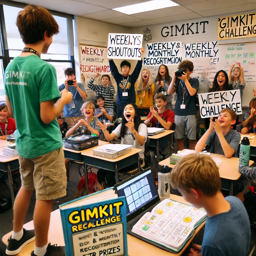 A classroom with students celebrating their achievements in Gimkit, receiving weekly and monthly recognition, including shoutouts and participation in the ‘Gimkit Challenge’ with prizes