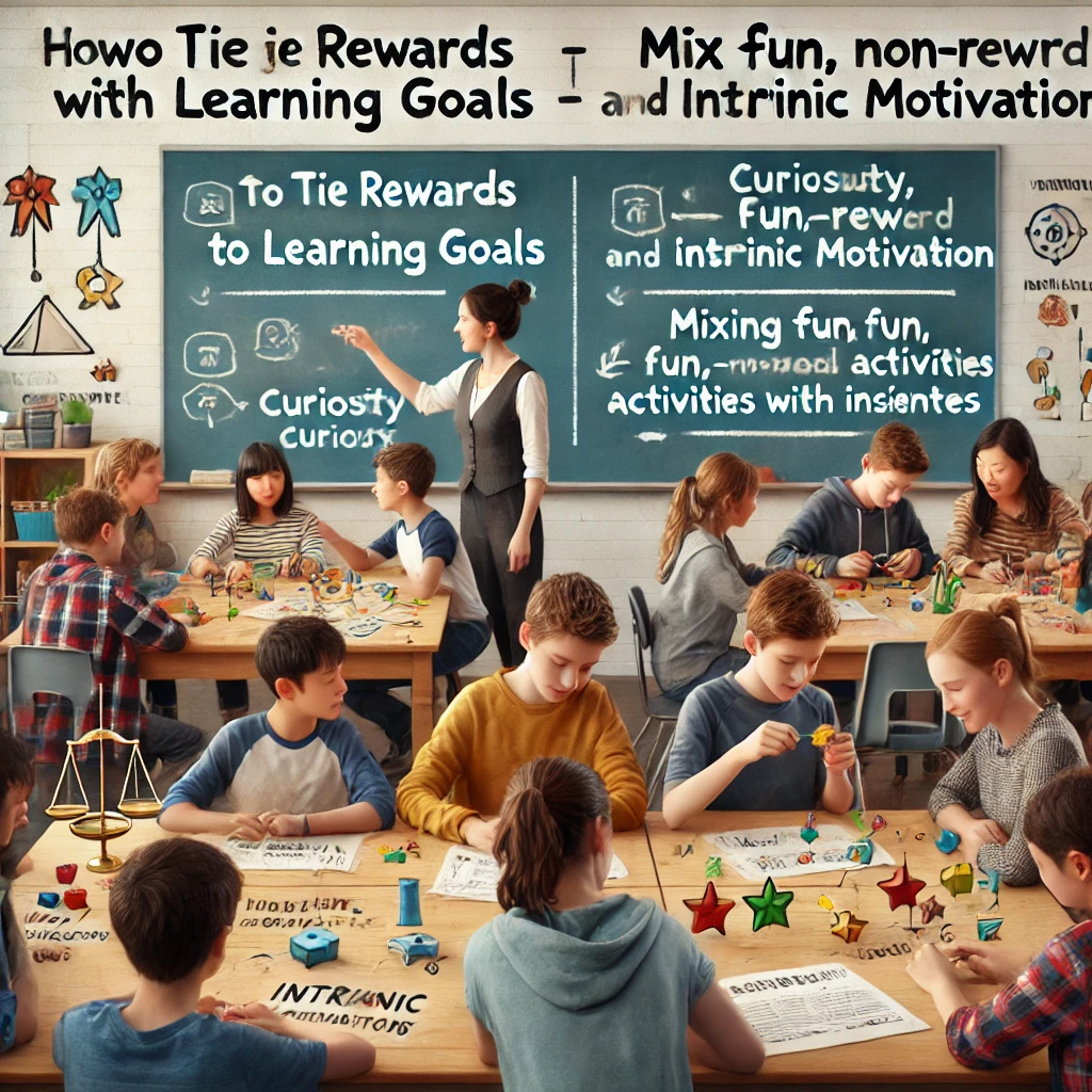 A classroom where students work together on group activities while focusing on intrinsic motivation, curiosity, and learning goals, alongside fun, non-reward activities