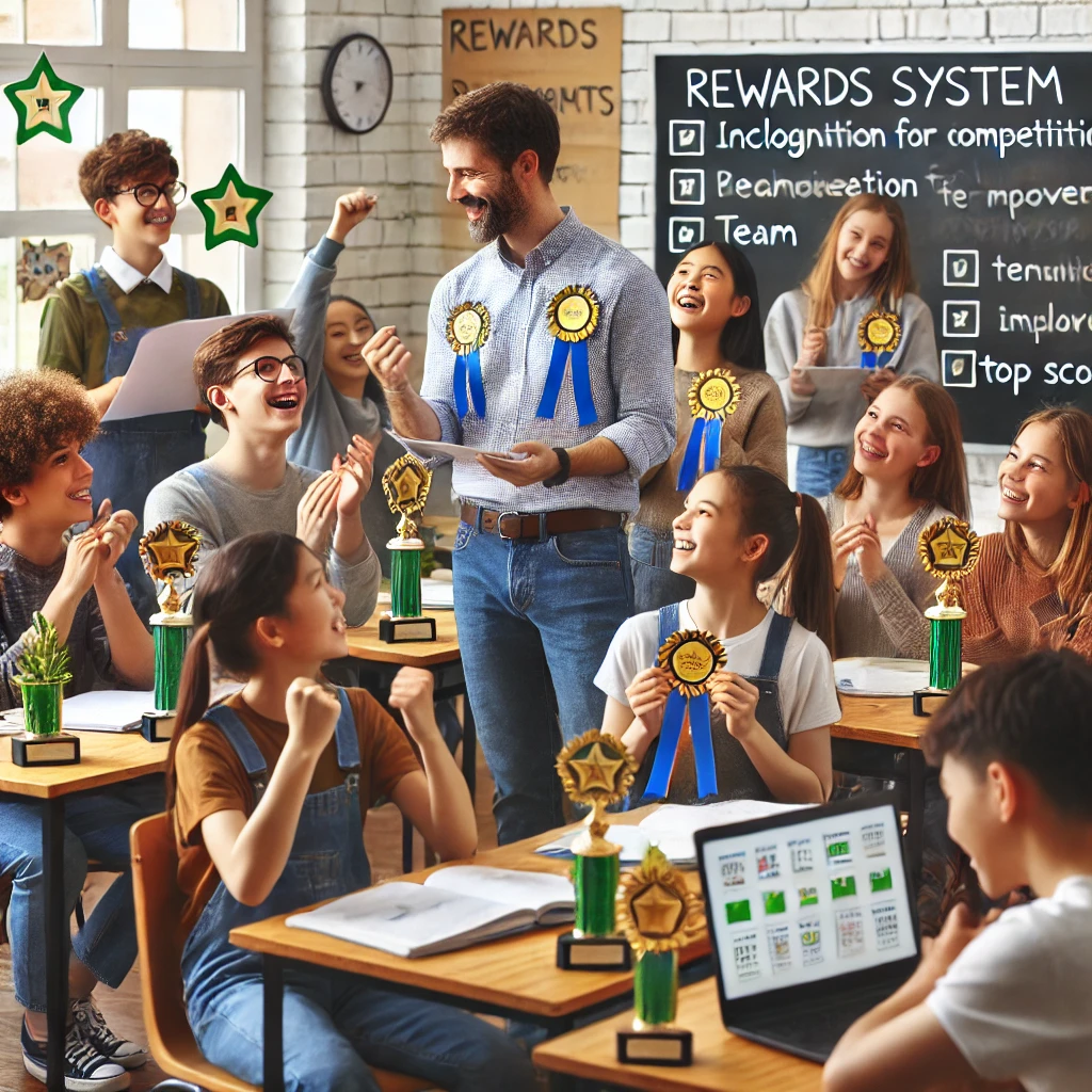 A classroom where students receive personalized rewards based on different learning styles, including individual and team-based rewards, with recognition for effort and improvement