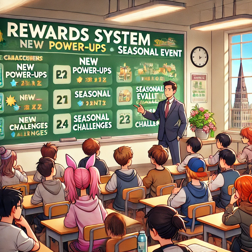 A classroom where the teacher is explaining new power-ups and seasonal event challenges in Gimkit, with students excited and engaged in the upcoming changes