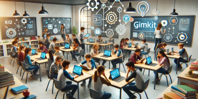 Students engaged in gamified learning with Gimkit in a K-12 classroom, promoting collaboration and critical thinking