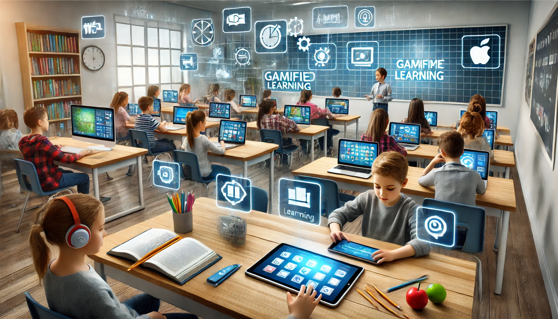 Students in a modern classroom engaging with interactive digital devices, transitioning from traditional learning methods to gamified education