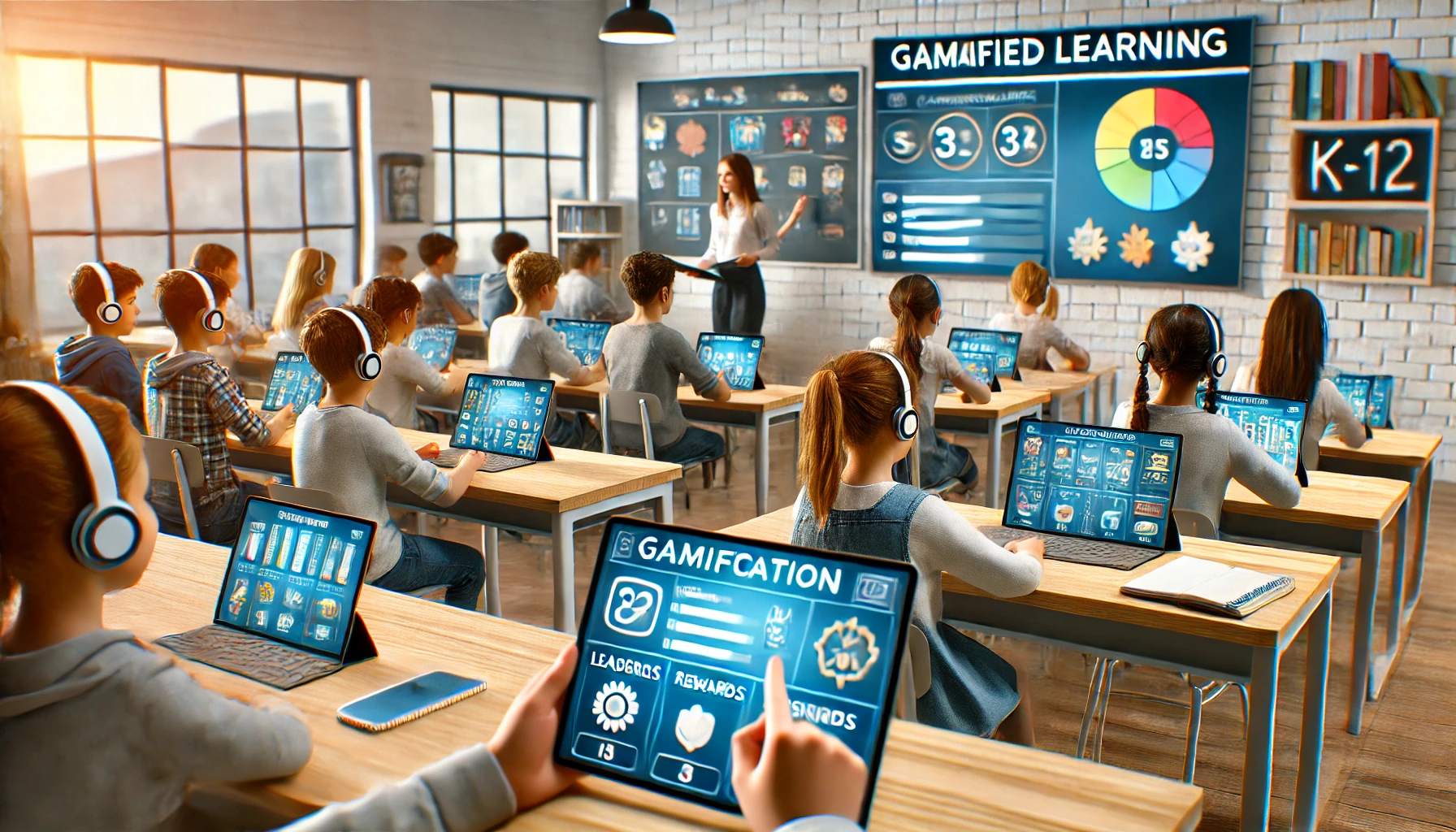 K-12 students engaged in a gamified learning environment with leaderboards, challenges, and rewards, boosting student motivation and participation