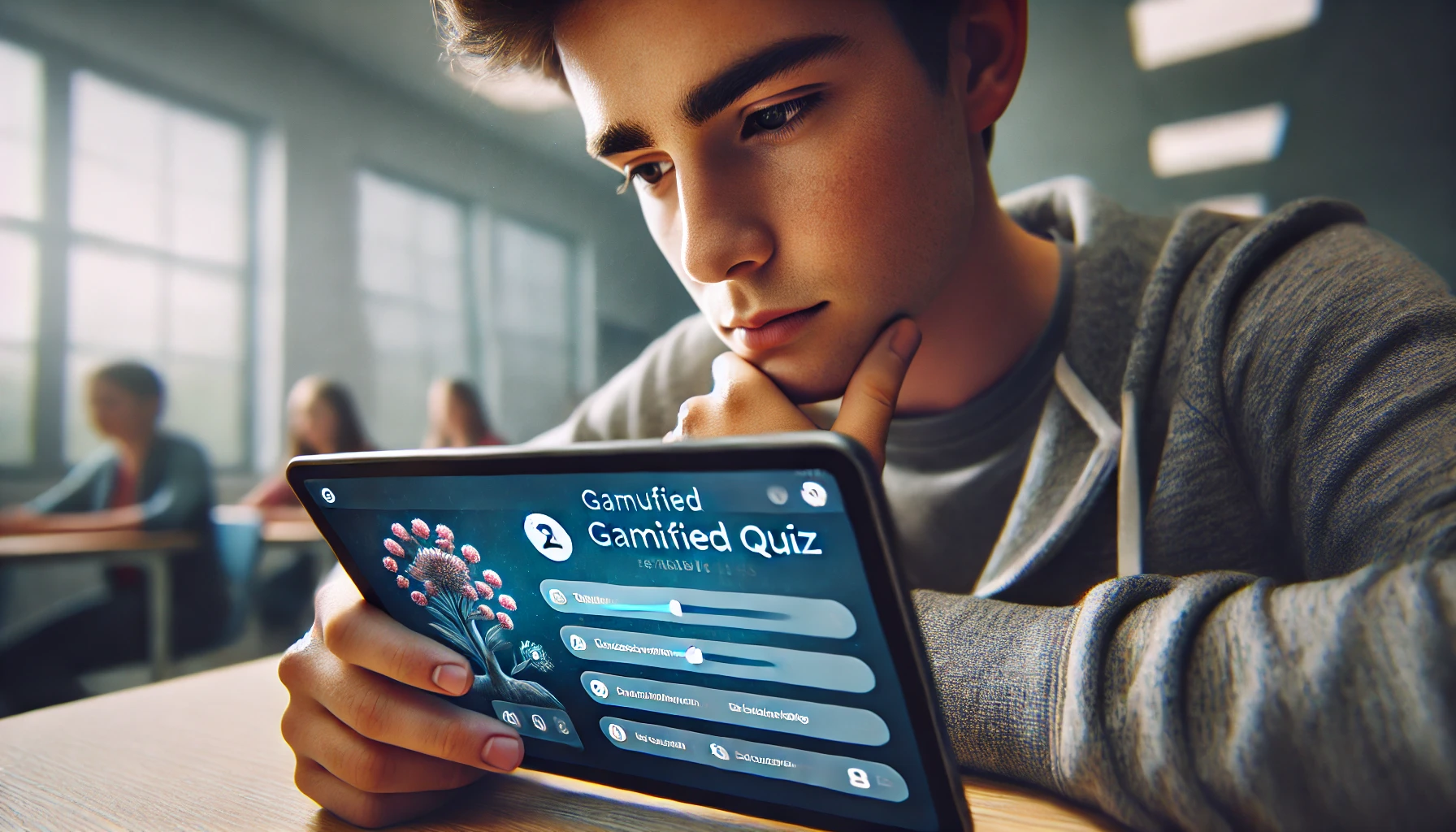 A student thinking critically while playing a gamified quiz on a tablet, enhancing problem-solving skills in education