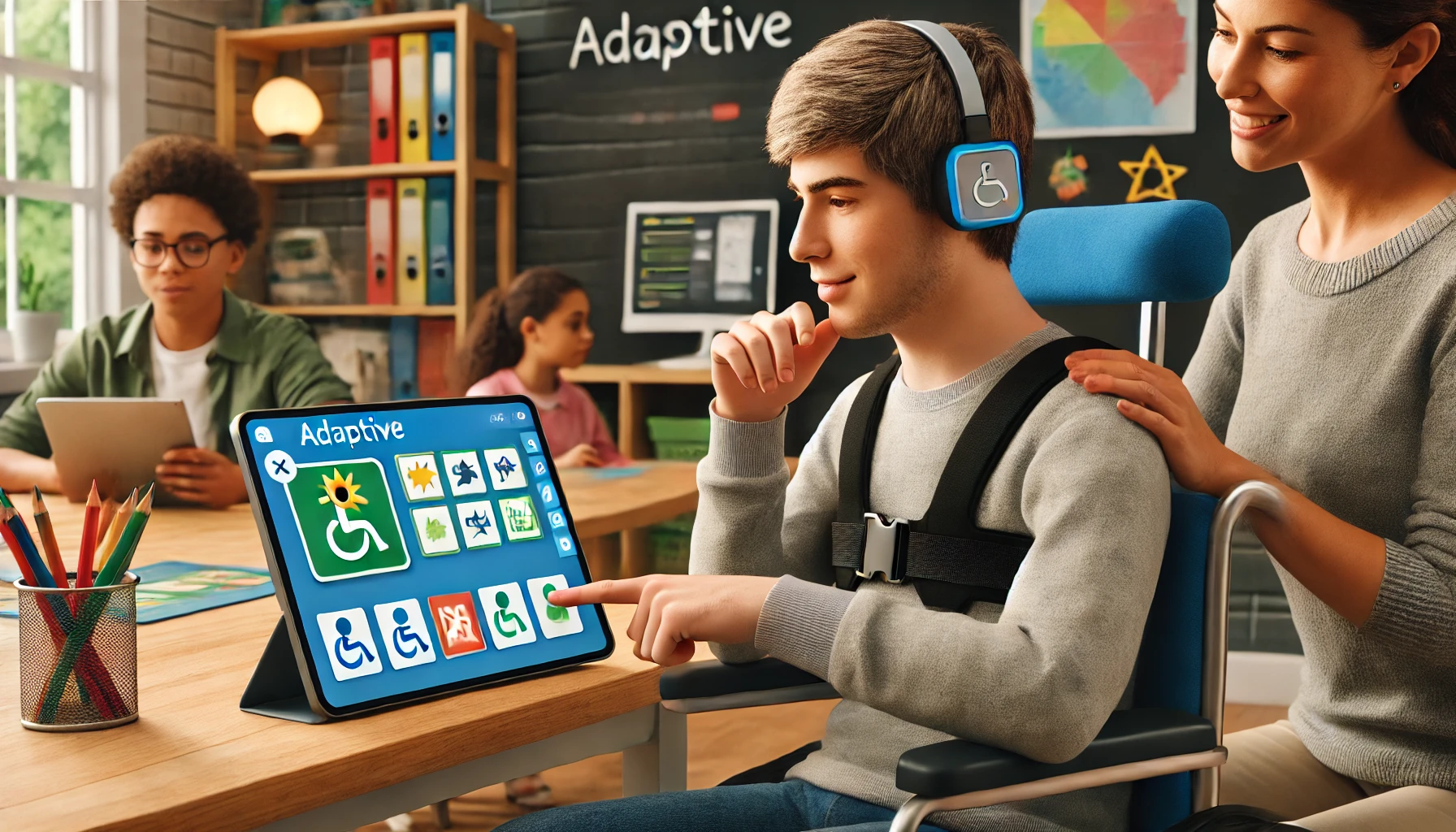 A student with special needs using an adaptive version of Gimkit, supported by a teacher in an inclusive classroom setting