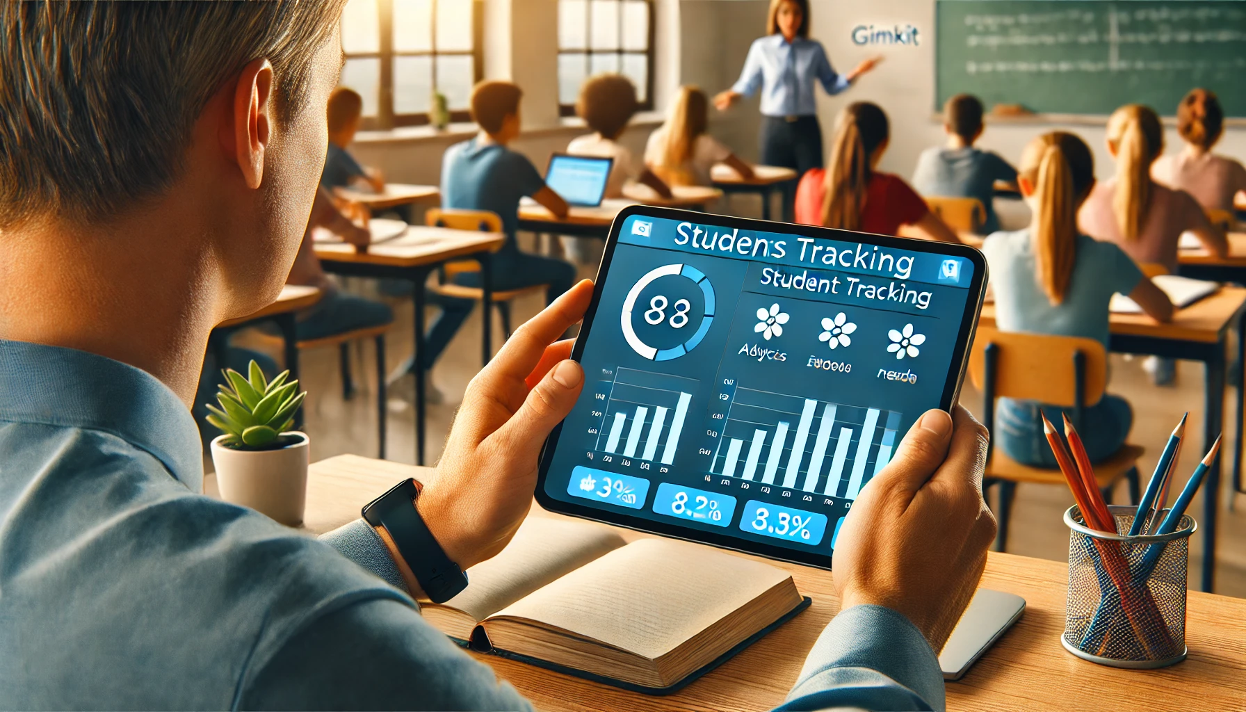 A teacher tracking student progress on Gimkit, using analytics to provide personalized feedback and adjust lessons based on individual needs