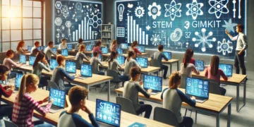 Students engaging in gamified STEM learning with the Gimkit platform in a modern classroom, turning subjects like math, science, and technology into fun and interactive challenges