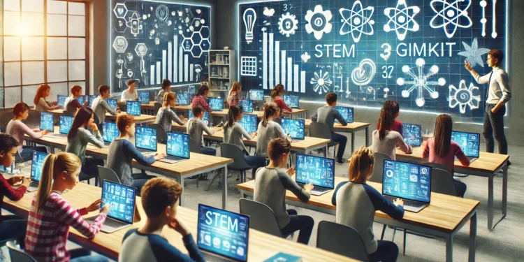 Students engaging in gamified STEM learning with the Gimkit platform in a modern classroom, turning subjects like math, science, and technology into fun and interactive challenges