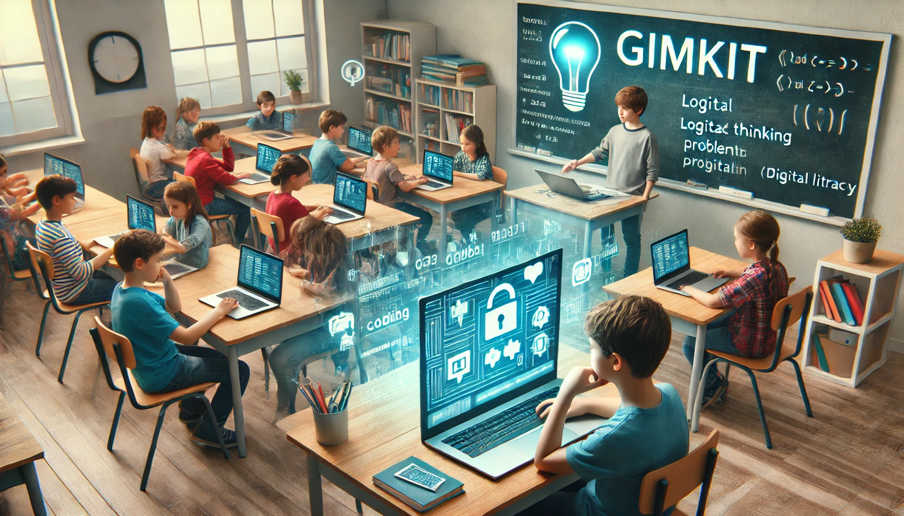 Students using Gimkit to reinforce digital literacy and problem-solving skills in a classroom, answering coding-related questions through interactive gameplay