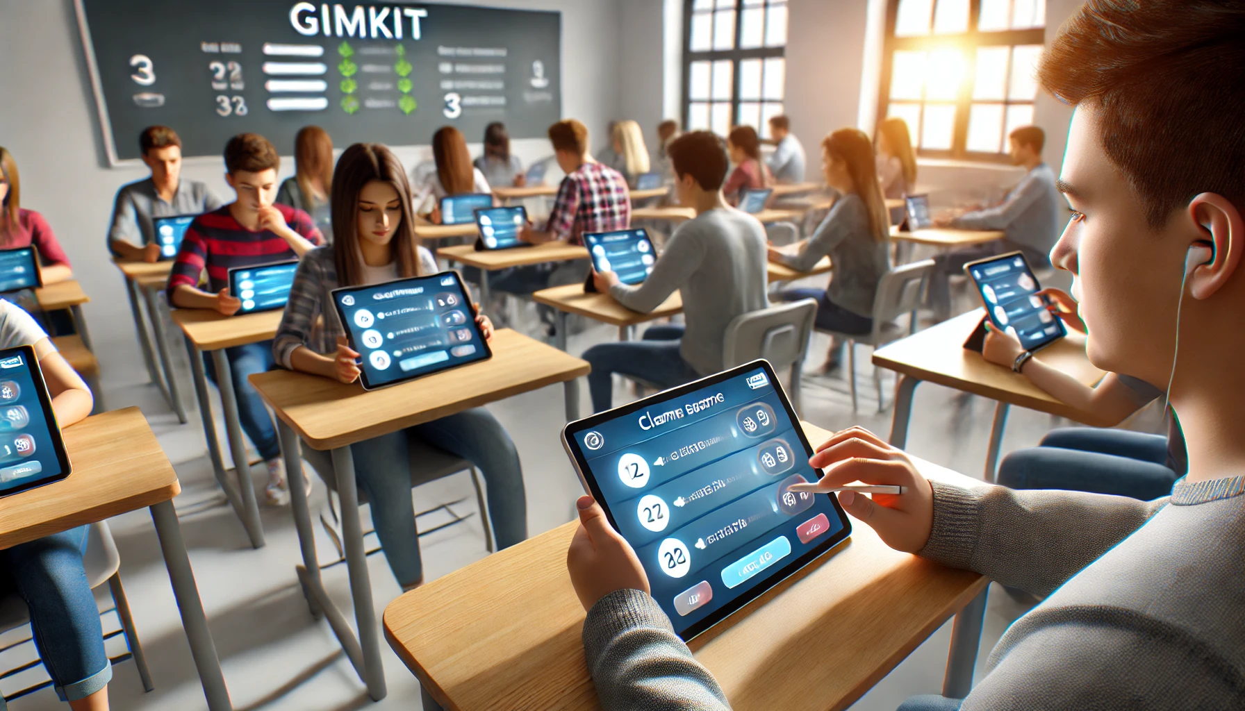 Students actively participating in a Gimkit game, answering questions and engaging in a competitive quiz session using tablets or laptops