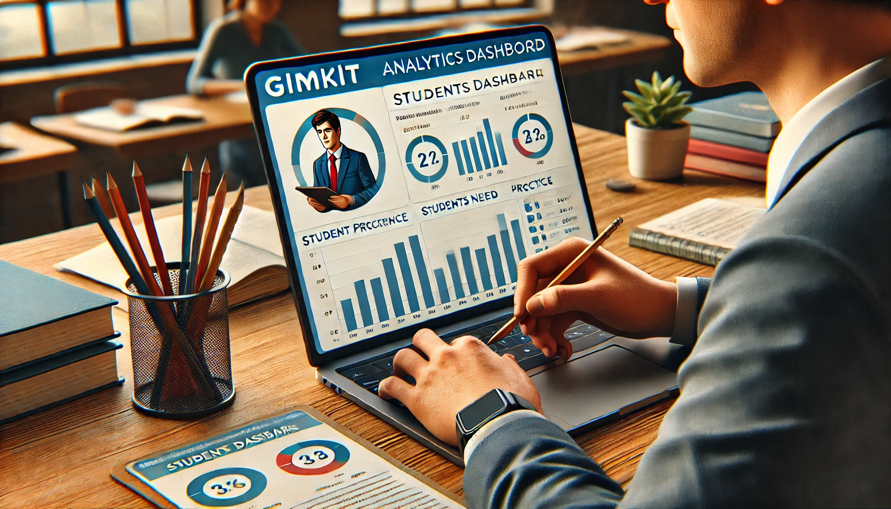 Teacher using Gimkit’s analytics dashboard on a laptop or tablet to track student progress and identify areas for improvement