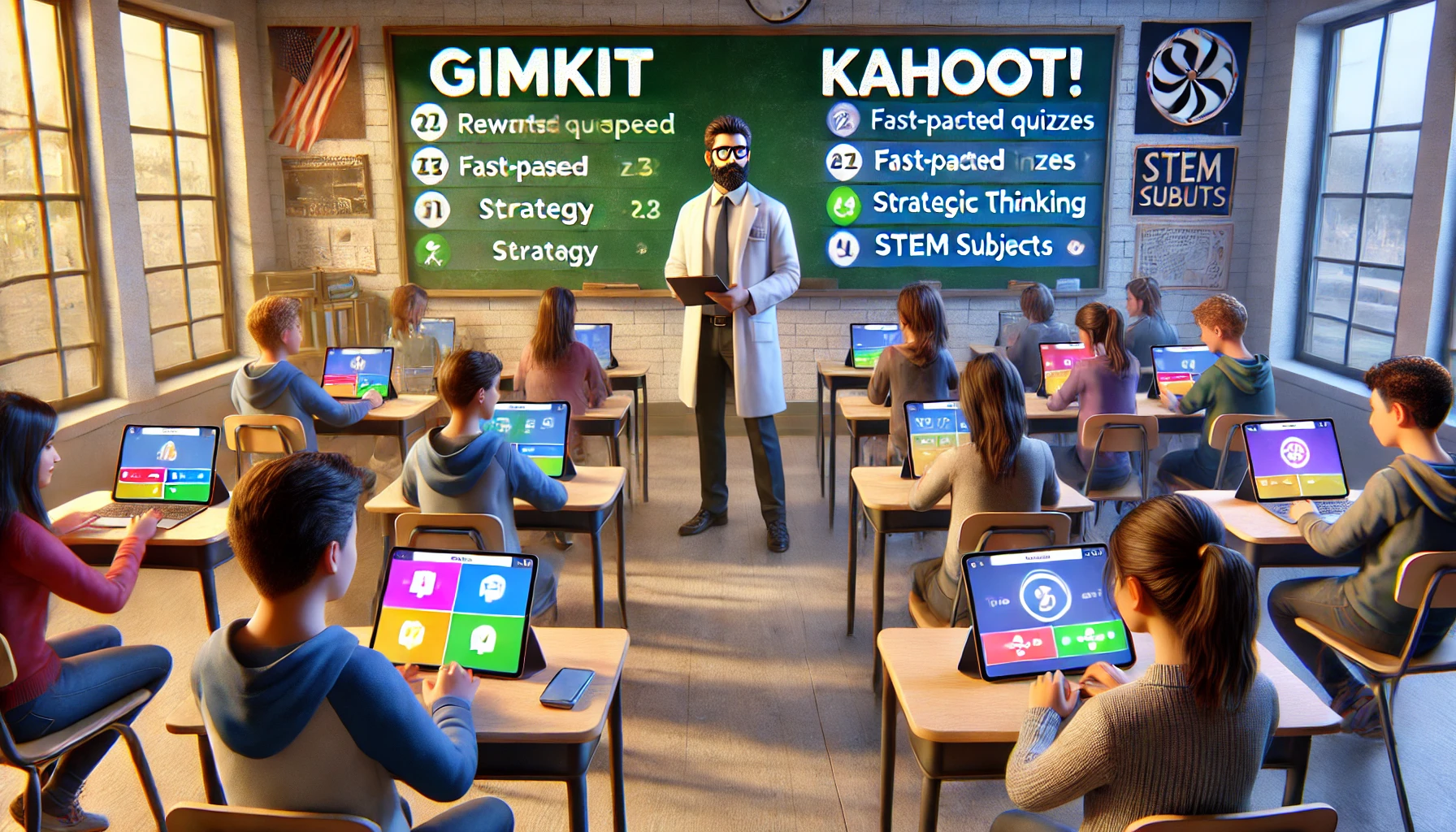 A classroom comparing Gimkit and Kahoot!, with students engaged in fast-paced Kahoot! quizzes and strategic Gimkit gameplay, fostering critical thinking