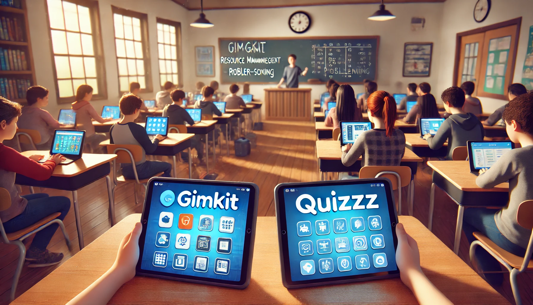 Students using Gimkit and Quizizz in a classroom, with Gimkit teaching resource management and problem-solving, and Quizizz offering self-paced learning