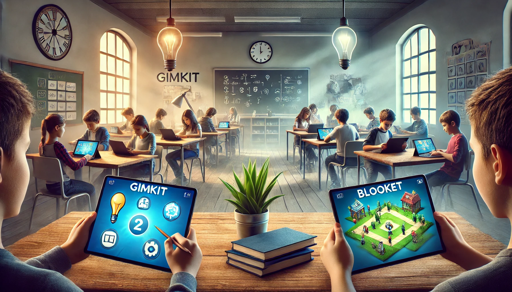 Students using Gimkit and Blooket in a classroom, with Gimkit offering deeper strategy and resource management, and Blooket providing simpler game-based learning