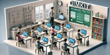 A small classroom with students using Gimkit on tablets for language vocabulary practice, with a teacher guiding the activity in a dynamic, gamified learning setting