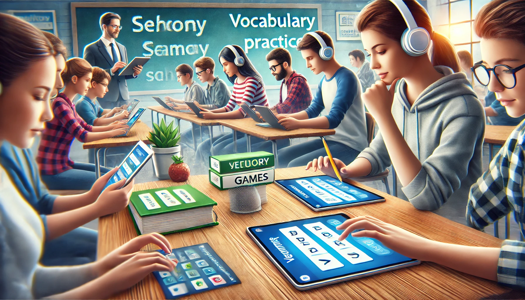 Students actively engaged in a gamified vocabulary practice session using tablets and laptops, showcasing the fun and competitive nature of learning with Gimkit