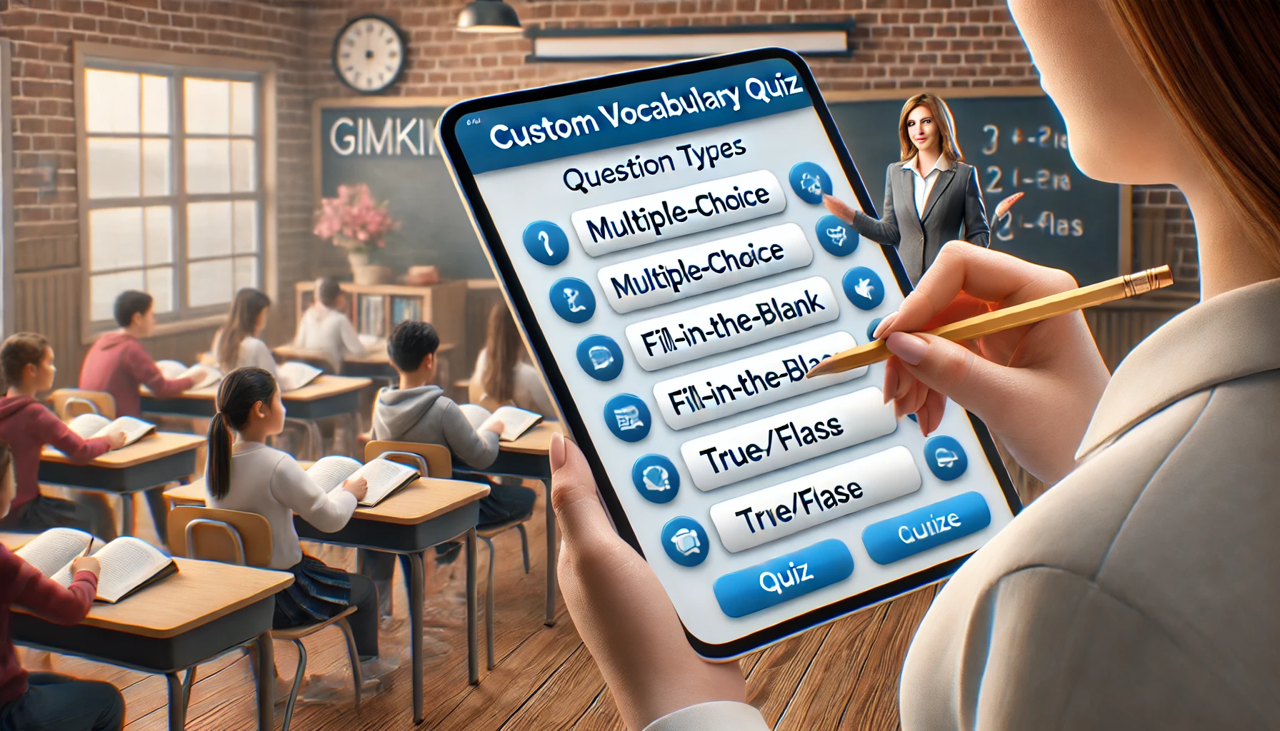 A teacher creating a custom vocabulary quiz on Gimkit, selecting question types while students prepare to participate in the quiz