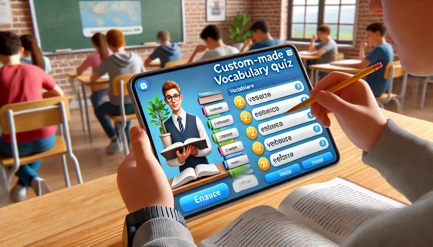 A student using Gimkit for vocabulary practice, interacting with a custom-made quiz on a laptop or tablet in a collaborative classroom setting