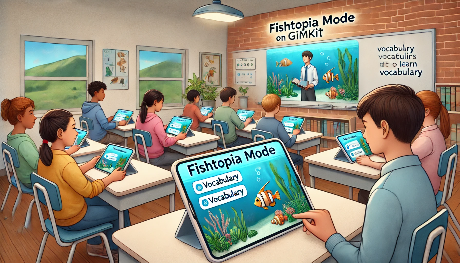 Students exploring a virtual world on Gimkit’s Fishtopia mode, answering vocabulary questions to progress through the game in a fun and interactive classroom setting