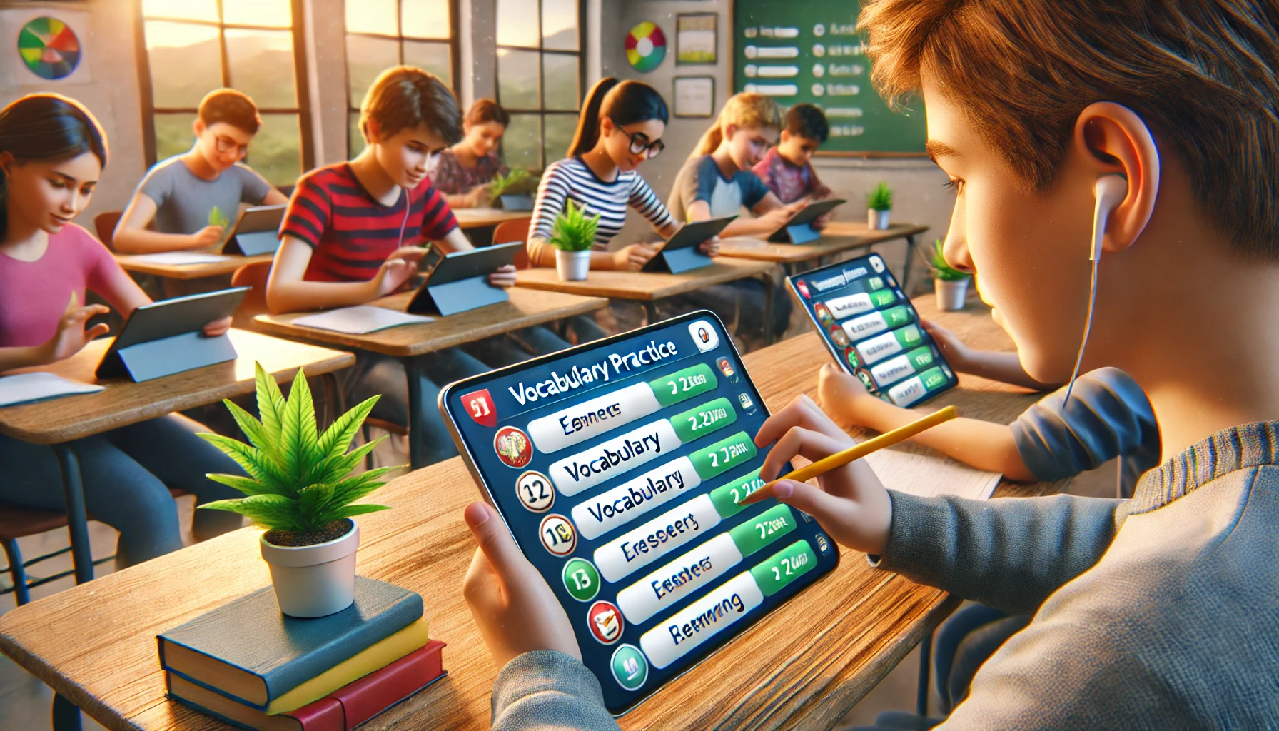 Students actively participating in a gamified vocabulary practice session using Gimkit, with a visible leaderboard and rewards system in an energetic classroom setting